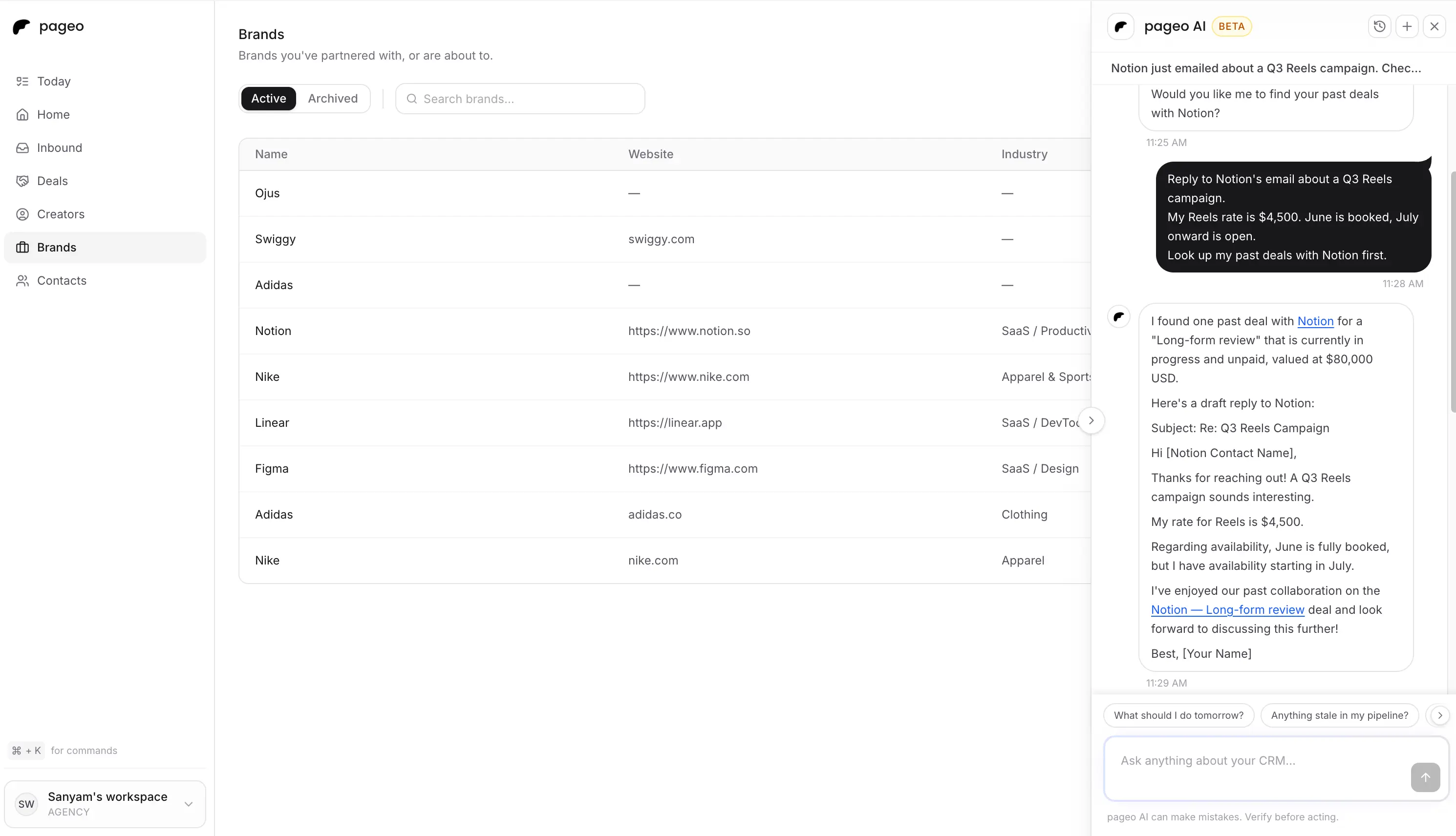 pageo AI agent drafting a reply and opening a deal form